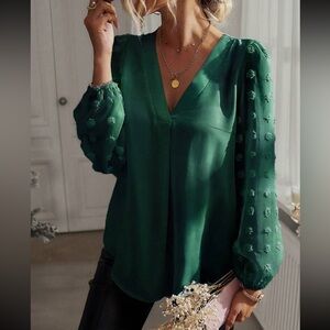Luxe dark green V neck Swiss dot sleeve blouse